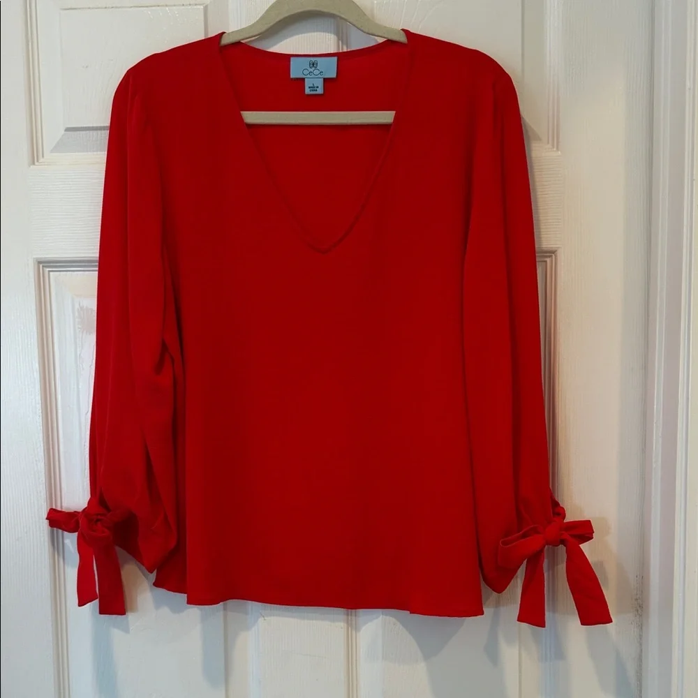 CeCe Vibrant Red V-Neck Blouse with Tie Sleeves - Picture 1 of 3